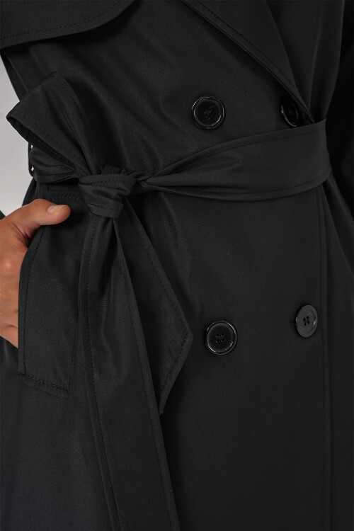 Merterium Kadın Kruvaze Yaka Kuşaklı Trençkot - Siyah