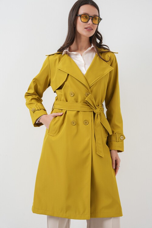 Merterium Kadın Kruvaze Yaka Kuşaklı Trençkot - Yağ Yeşil