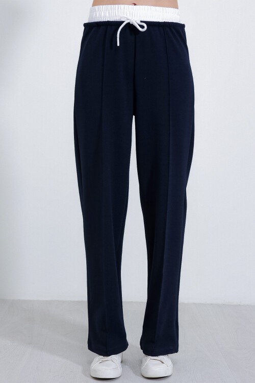 Merterium Kadın Lacivert Bol Paça Çımalı Pantolon 6662