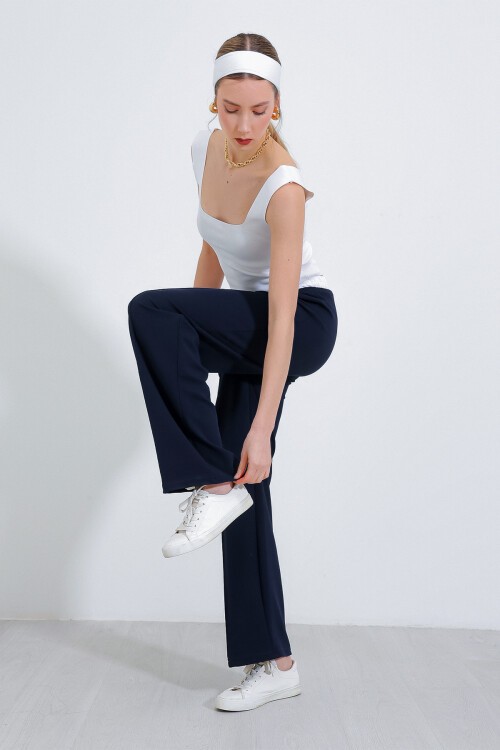 Merterium Kadın Lacivert Bol Paça Çımalı Pantolon 6662