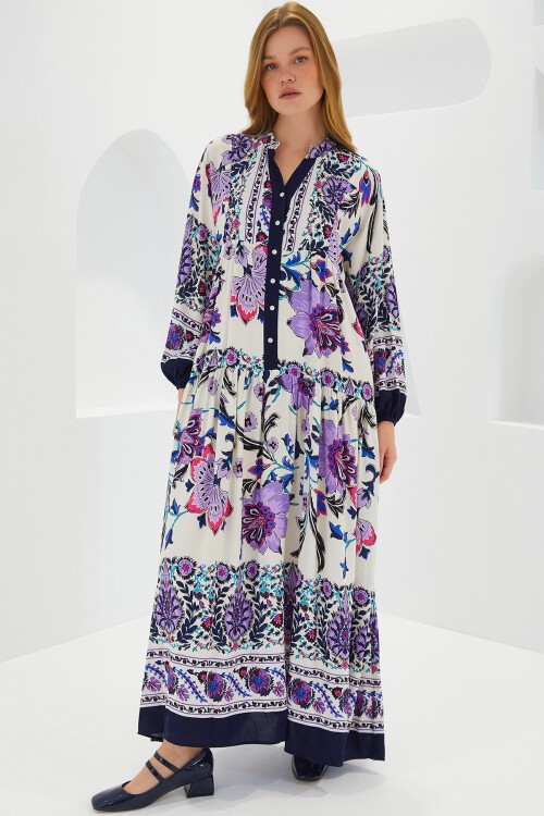 Merterium Kadın Lacivert Mor Viskon Tesettür Elbise 2423