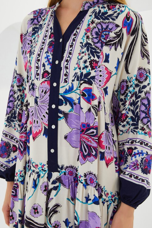 Merterium Kadın Lacivert Mor Viskon Tesettür Elbise 2423