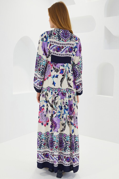 Merterium Kadın Lacivert Mor Viskon Tesettür Elbise 2423