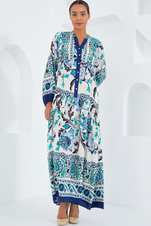 Merterium Kadın Lacivert Yeşil Viskon Tesettür Elbise 2423