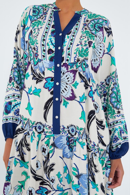 Merterium Kadın Lacivert Yeşil Viskon Tesettür Elbise 2423