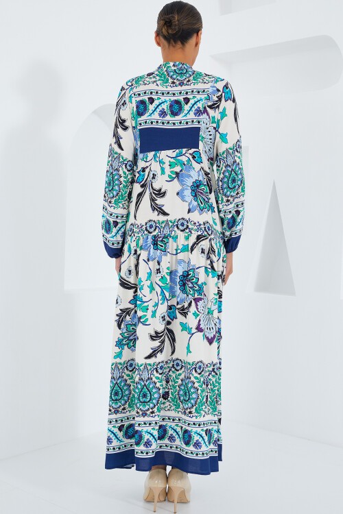 Merterium Kadın Lacivert Yeşil Viskon Tesettür Elbise 2423