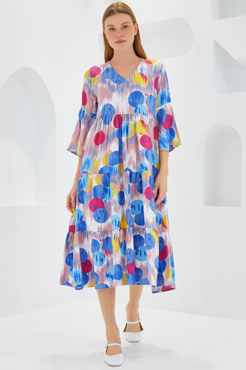 Merterium Kadın Mavi Kırmızı Desenli Kısa Kol Viskon Elbise 1959