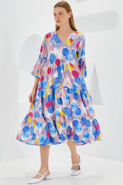 Merterium Kadın Mavi Kırmızı Desenli Kısa Kol Viskon Elbise 1959