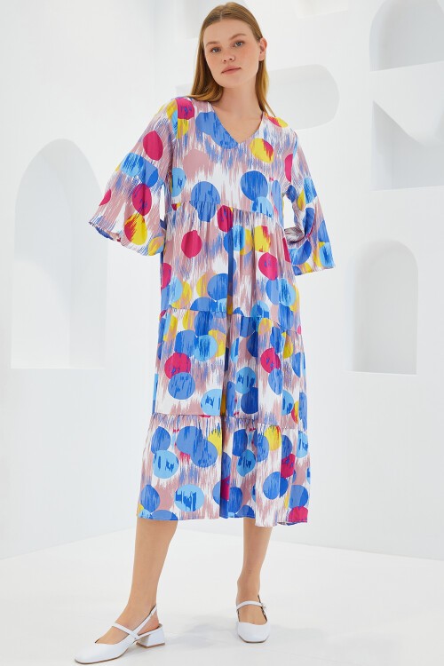 Merterium Kadın Mavi Kırmızı Desenli Kısa Kol Viskon Elbise 1959