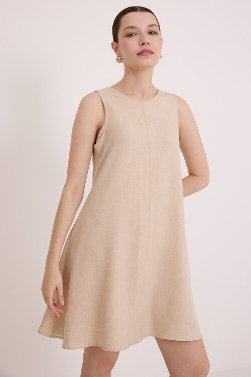 Merterium Kadın Mini Keten Elbise - Bej