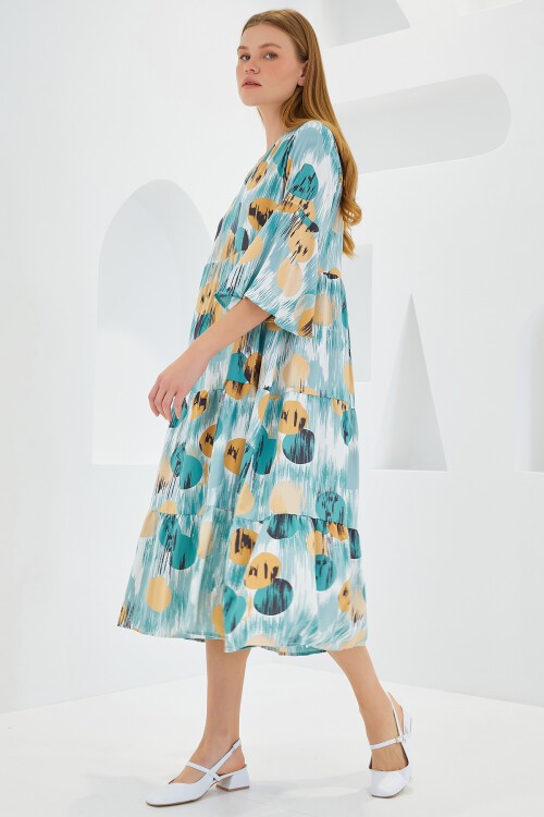 Merterium Kadın Mint Bej Desenli Kısa Kol Viskon Elbise 1959