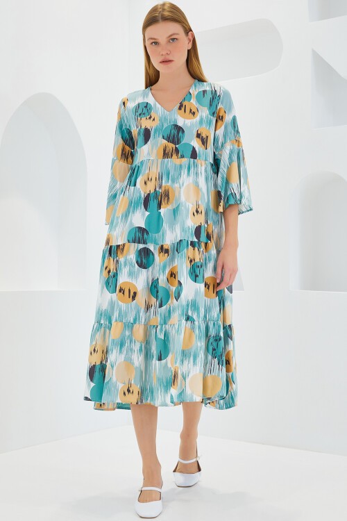 Merterium Kadın Mint Bej Desenli Kısa Kol Viskon Elbise 1959