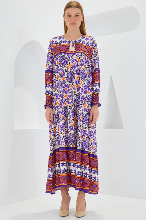 Merterium Kadın Mor Kiremit Desenli Uzun Viskon Elbise 1947