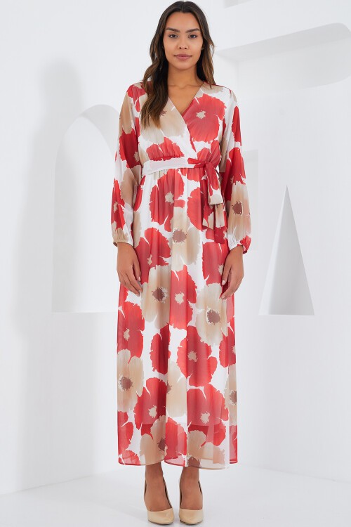 Merterium Kadın Nar Bej Çiçek Desenli Şifon Elbise 2134