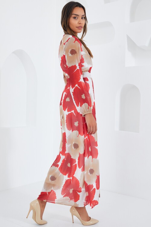 Merterium Kadın Nar Bej Çiçek Desenli Şifon Elbise 2134