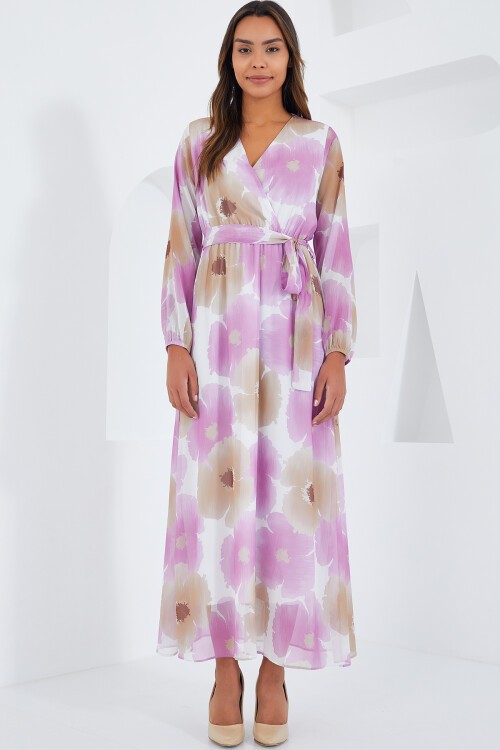 Merterium Kadın Pembe Bej Çiçek Desenli Şifon Elbise 2134