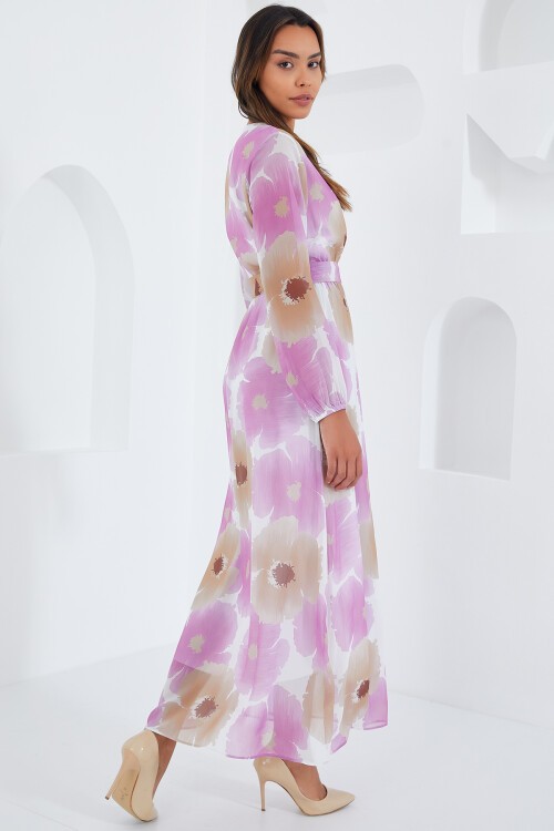 Merterium Kadın Pembe Bej Çiçek Desenli Şifon Elbise 2134