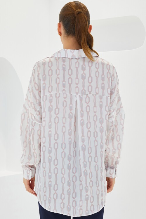 Merterium Kadın Pudra Beyaz Desenli Oversize Saten Gömlek 3985