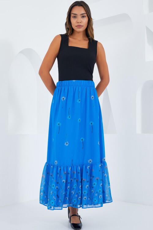 Merterium Kadın Saks Desenli Şifon Etek 8010