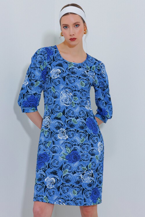 Merterium Kadın Saks Gül Desenli Midi Elbise 2477