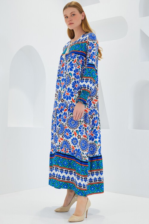 Merterium Kadın Saks Mavi Desenli Uzun Viskon Elbise 1947