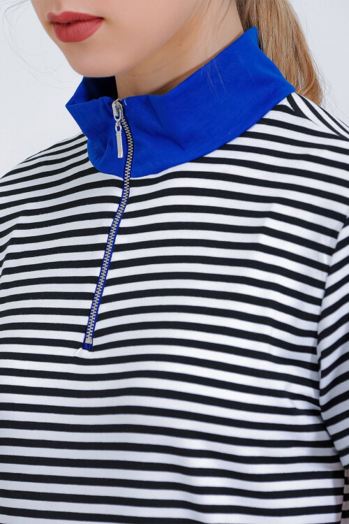 Merterium Kadın Saks Polo Yaka Fermuarlı Çizgili Tişört 0497