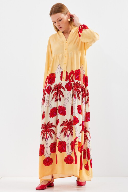 Merterium Kadın Sarı Kırmızı Viskon Tesettür Elbise 2423