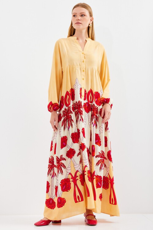 Merterium Kadın Sarı Kırmızı Viskon Tesettür Elbise 2423