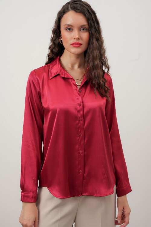 Merterium Kadın Saten Gömlek Geniş Beden Aralığı - Bordo
