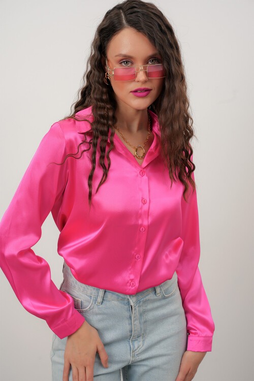 Merterium Kadın Saten Gömlek Geniş Beden Aralığı - Fuşya