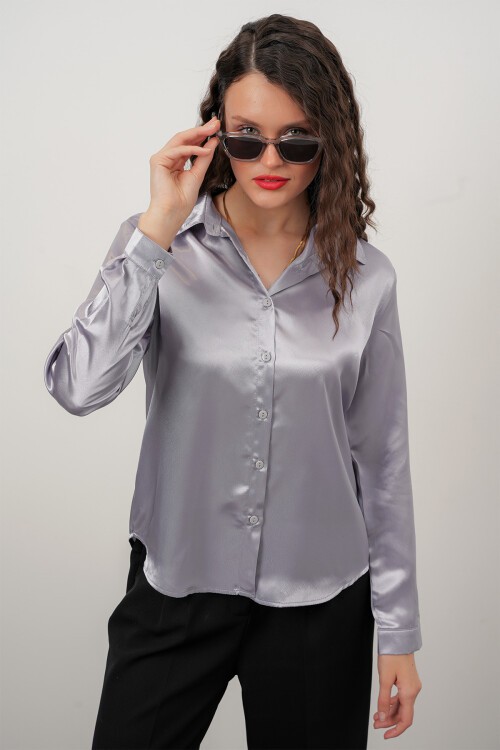 Merterium Kadın Saten Gömlek Geniş Beden Aralığı - Gri