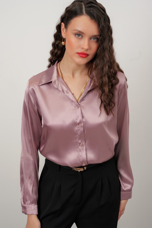 Merterium Kadın Saten Gömlek Geniş Beden Aralığı - Gül Kurusu