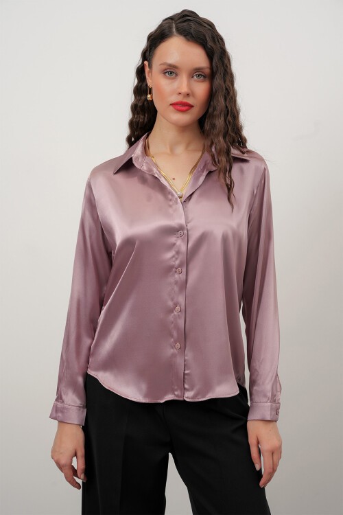 Merterium Kadın Saten Gömlek Geniş Beden Aralığı - Gül Kurusu