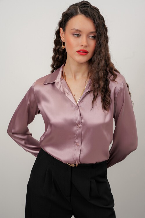 Merterium Kadın Saten Gömlek Geniş Beden Aralığı - Gül Kurusu