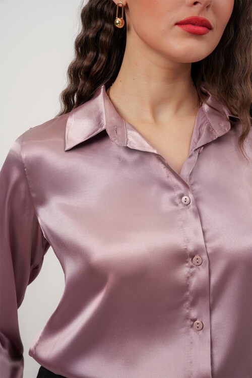 Merterium Kadın Saten Gömlek Geniş Beden Aralığı - Gül Kurusu