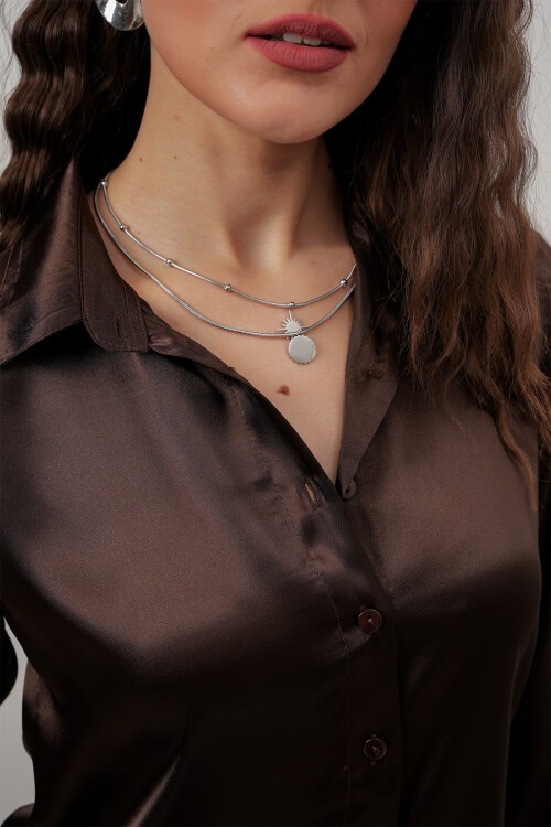 Merterium Kadın Saten Gömlek Geniş Beden Aralığı - Kahverengi