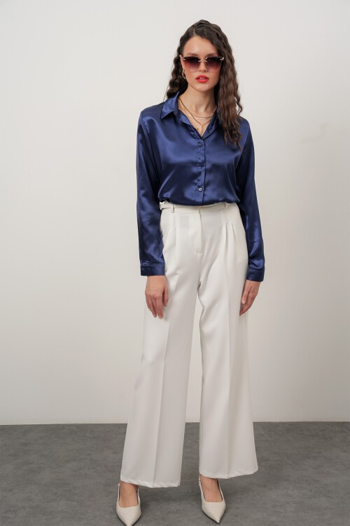 Merterium Kadın Saten Gömlek Geniş Beden Aralığı - Lacivert