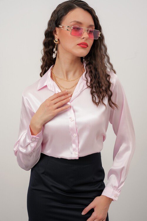 Merterium Kadın Saten Gömlek Geniş Beden Aralığı - Pembe
