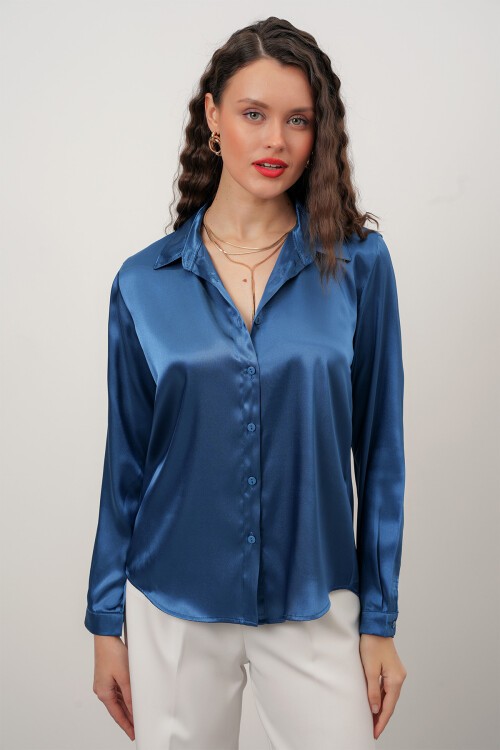 Merterium Kadın Saten Gömlek Geniş Beden Aralığı - Petrol