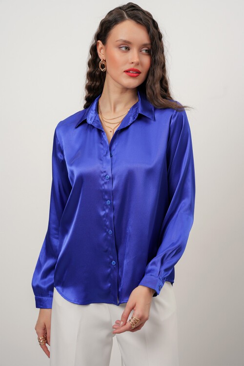 Merterium Kadın Saten Gömlek Geniş Beden Aralığı - Saks