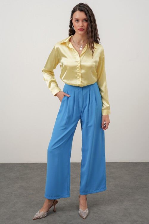 Merterium Kadın Saten Gömlek Geniş Beden Aralığı - Sarı