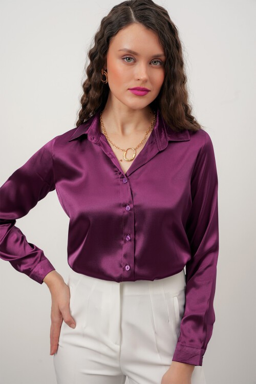 Merterium Kadın Saten Gömlek Geniş Beden Aralığı - Y. Mor