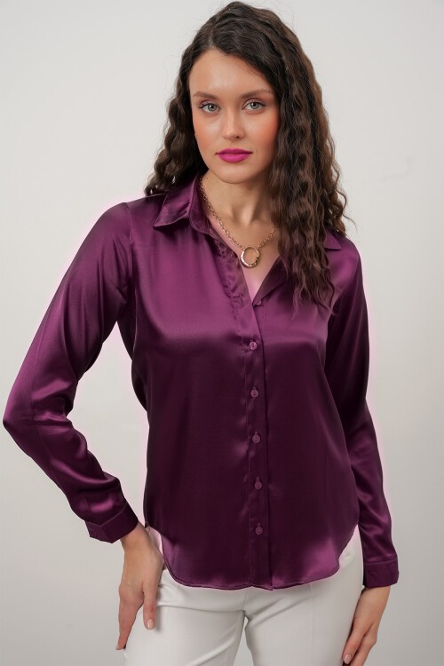 Merterium Kadın Saten Gömlek Geniş Beden Aralığı - Y. Mor