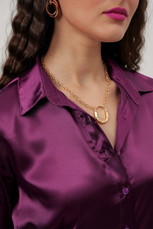 Merterium Kadın Saten Gömlek Geniş Beden Aralığı - Y. Mor