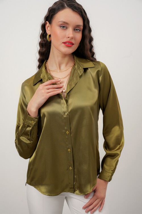 Merterium Kadın Saten Gömlek Geniş Beden Aralığı - Y.Haki