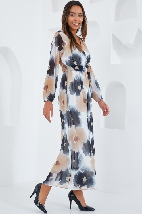 Merterium Kadın Siyah Bej Çiçek Desenli Şifon Elbise 2134