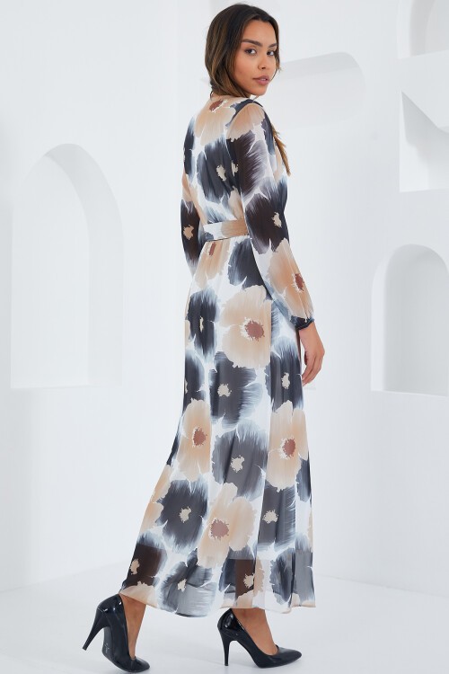 Merterium Kadın Siyah Bej Çiçek Desenli Şifon Elbise 2134