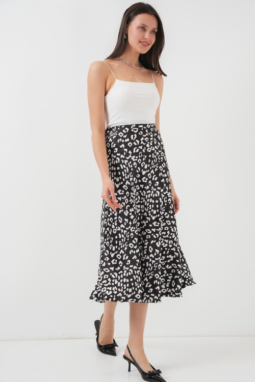 Merterium Kadın Siyah Beyaz Desenli Saten Etek 15806