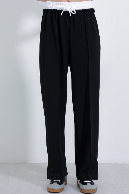 Merterium Kadın Siyah Bol Paça Çımalı Pantolon 6662