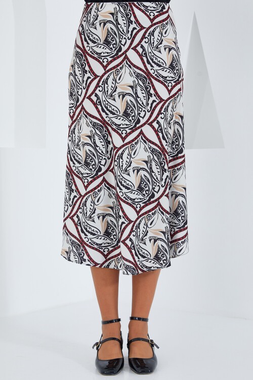 Merterium Kadın Siyah Kırmızı Desenli Saten Etek 15806